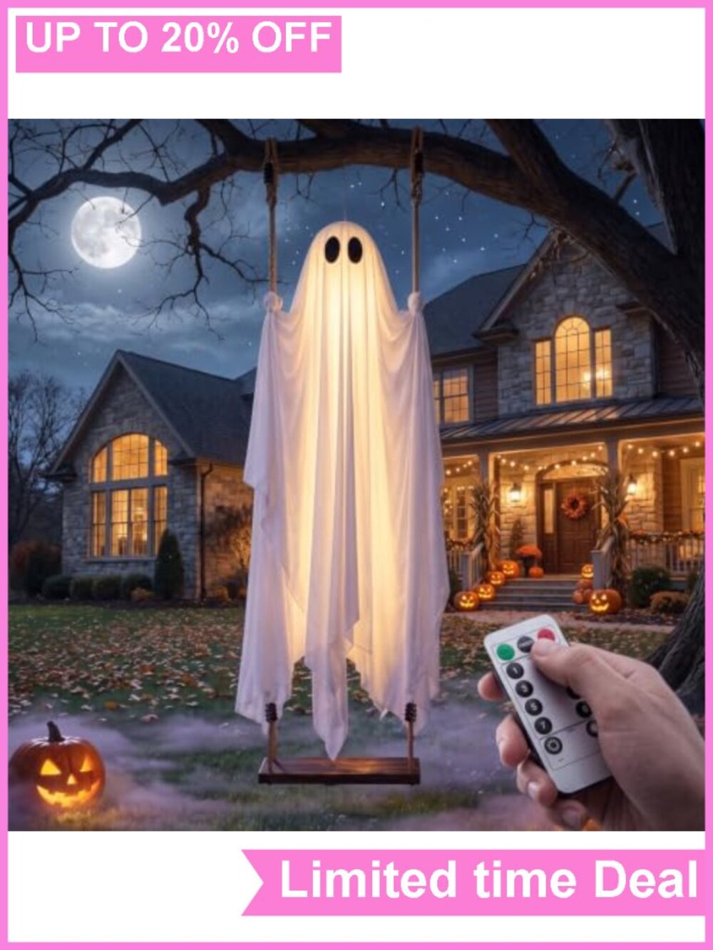 5 FT Hanging Swing Ghost w/ String Lights Wooden Seat Halloween Decor